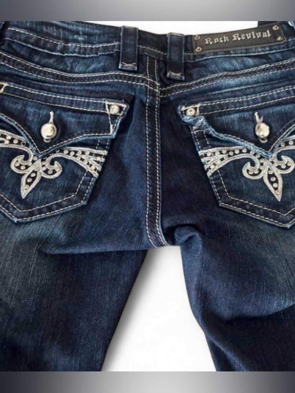 Rock Revival Sora Skinny Jeans Dark Wash Orange Embroidered Waistband Size 25